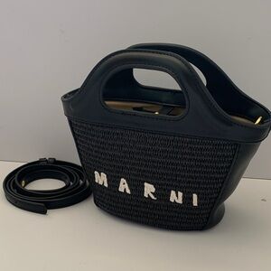 Marni Black Woven Mini Tote with White Logo